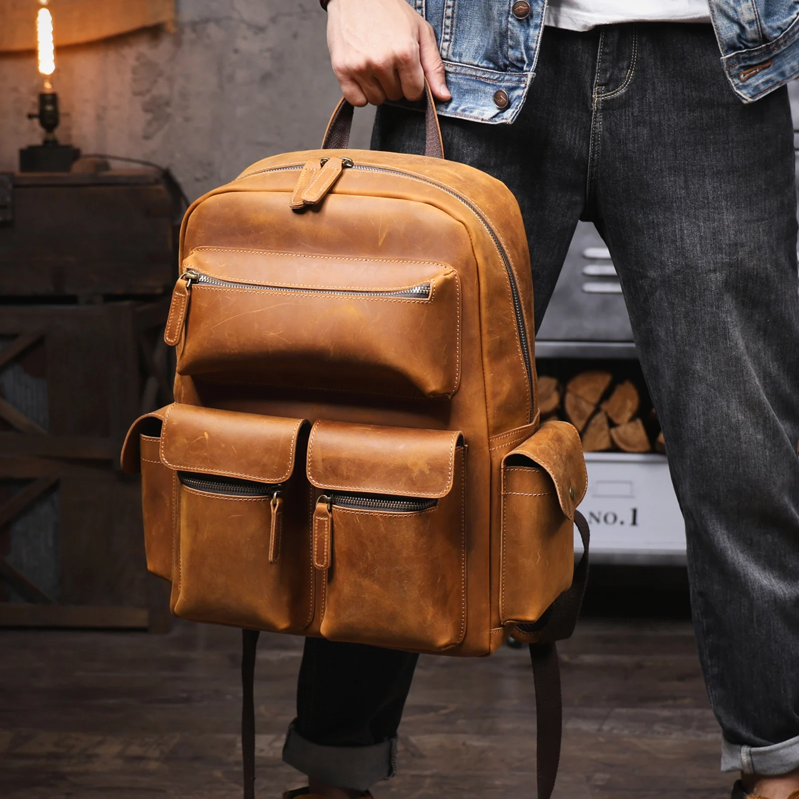 S.WORKER Vintage Echtleder Herrenrucksack Laptop-Tasche Vintage Freizeittasche Outdoor-Reise-Weekender-Tasche – Detail 6