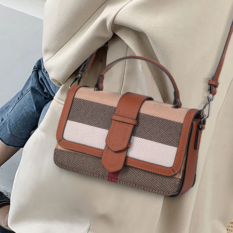 New women's single shoulder crossbody bag with plaid pattern canvas and high-quality cowhide small square bag