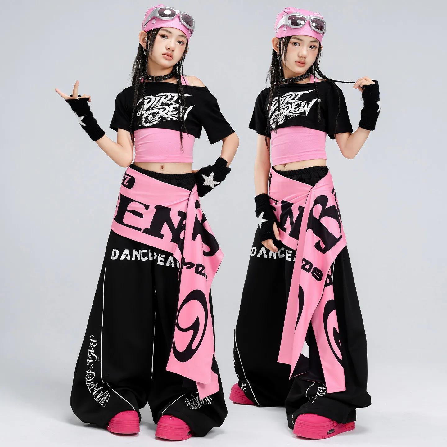 女の子用ジャズダンスパフォーマンス衣装セット-ベリーダンス-ストリートファッション-ブラック＆ピンク-子供用衣装-ステージパフォーマンスコスチューム