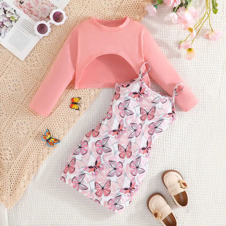 Girls Two-Piece Clothing Set with Butterfly Print Kids Tank Dress and Tops Outfit Perfect for Playtime and Casual Events 2-8Y