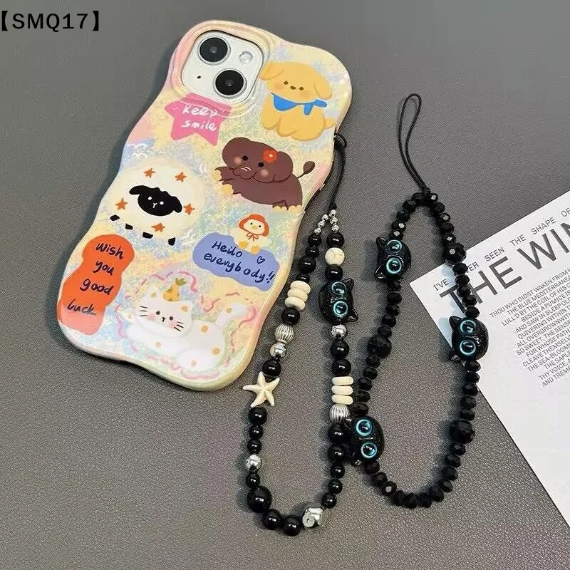 Black Mobile Phone Lanyard Cartoon Cat Anti Lost Rope Wrist Strap Bead Bracelet Design Plush Car Keychain Bag Accessory【SMQ】