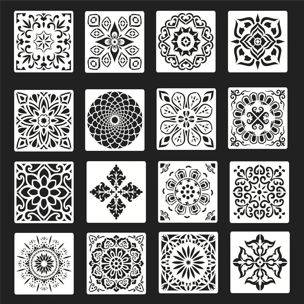 16er-Pack (6 x 6 Zoll) Mal- und Zeichenschablonen, Mandala-Vorlagen-Set für Steine, Boden, Wand, Fliesen, Stoff, Holzbrennen, DIY