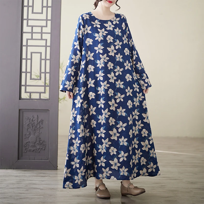 

High-End Anti-Aging Spring Cotton Linen Print round Neck Loose plus Size Long Sleeve plus Size Holiday Dress
