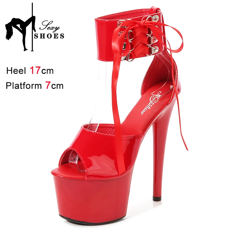 17CM Modern Sandals Upper Toe Open Ankle Strap Fashion Sexy Lady Platform High Heel Sandals Pole Dancing Lace-up Women Shoes