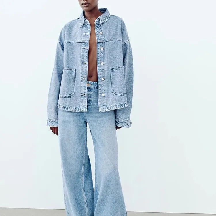 

Autumn New Women's Long Sve Collared Denim Jaet irt ort Outerwear Waed Effect Collar Loose Fit Versatile Sle