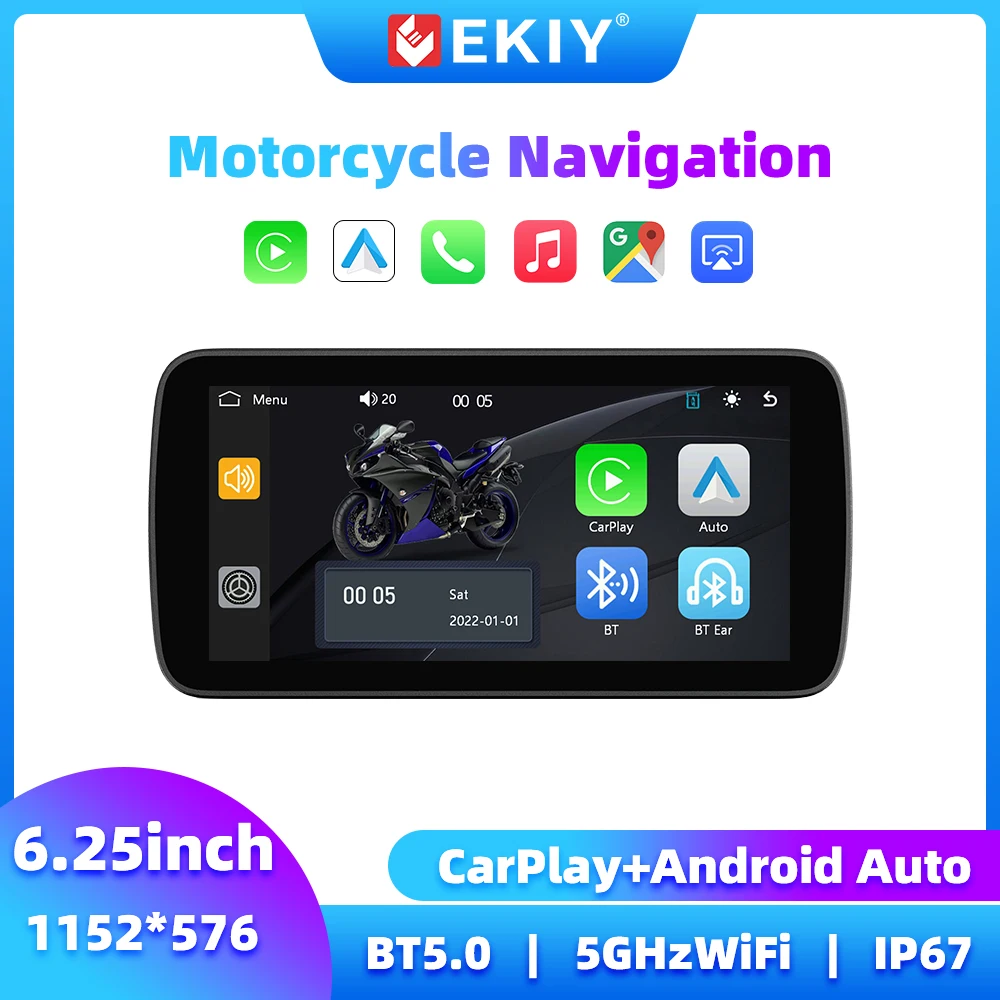 EKIY Motorcycle CarPlay Wireless 6.25 Inch Portable Motor Navigator Motorbike Navigation Android Auto Display Motorcycle Screen