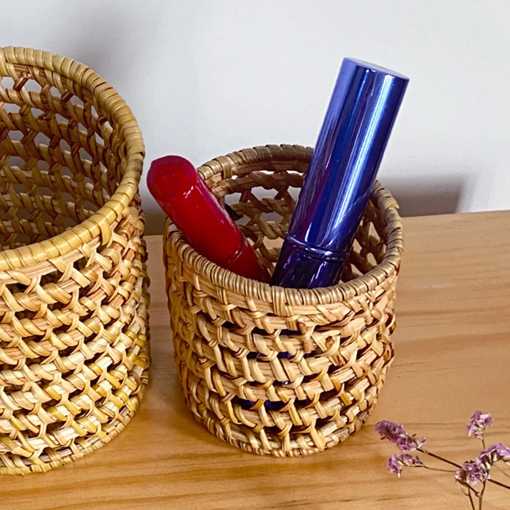 

Rattan Pencil Holder Woven Desktop Pen Organizer Multipurpose Office Desk Storage Makeup Brush Holder Natural Style