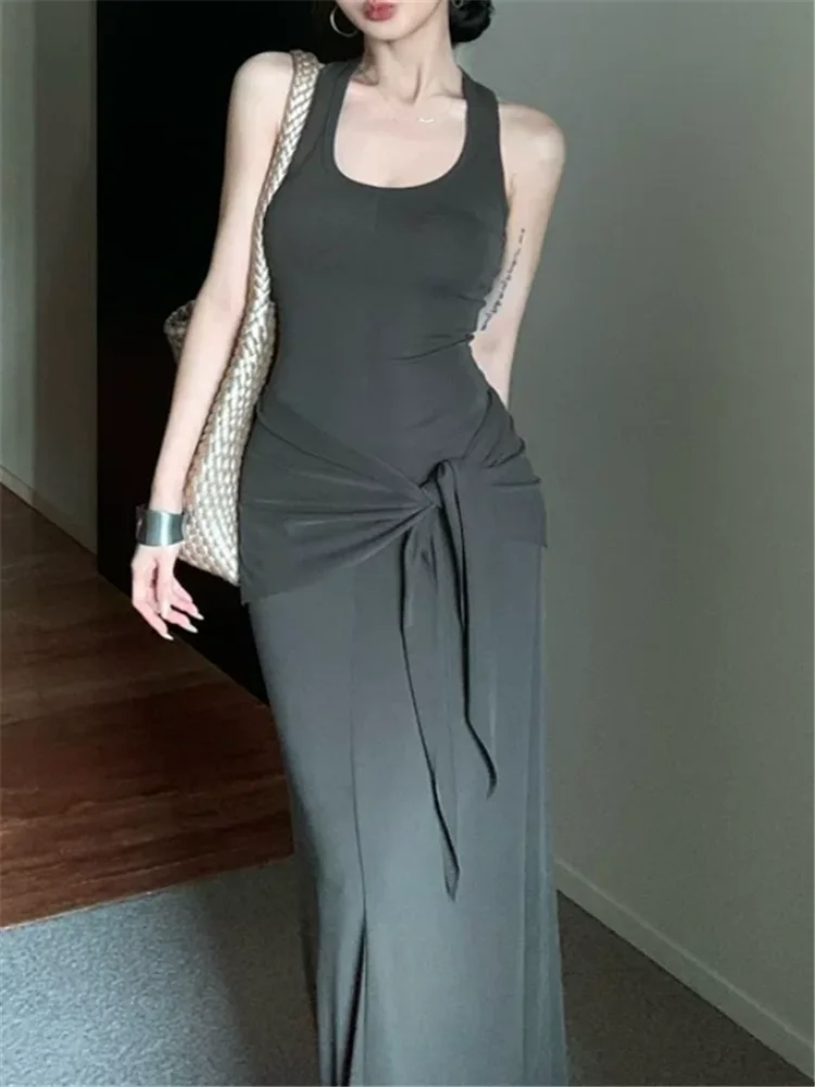 Black Dark Grey U Neck Sleeveless Casual Long Vest Dress Spicy Girl Hot Chic Summer Slim Spagetti Straps A Line Maxi Tank Dress