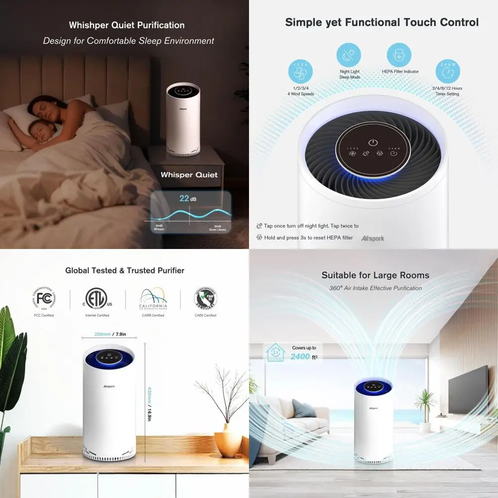 

4-ступенчатый очиститель воздуха True HEPA для больших помещений площадью до 2400 кв. футов - удаляет 99,99% пыли, дыма, пыльцы, шерсти домашних животных и запахов с помощью 22 фильтров.