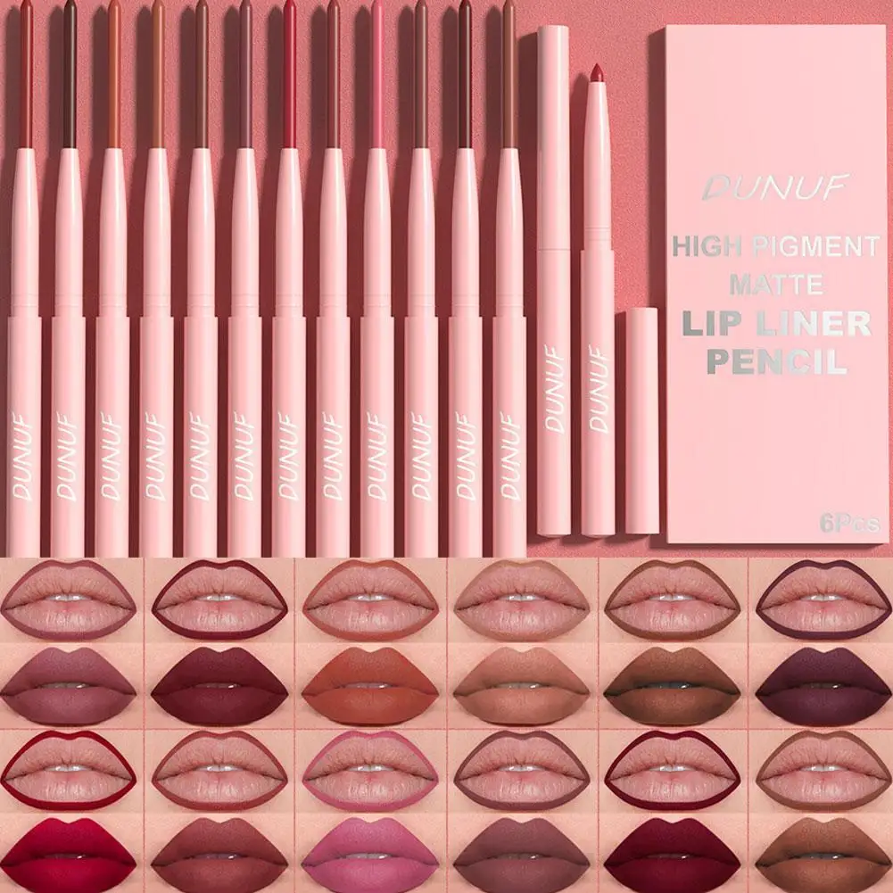 6-kolorowy aksamitny matowy zestaw ołówków do ust Lipstick Pen Wodoodporny, nieprzywierający kubek do makijażu Rose Red Lip Tint Nude Brown Lip Liner Pen