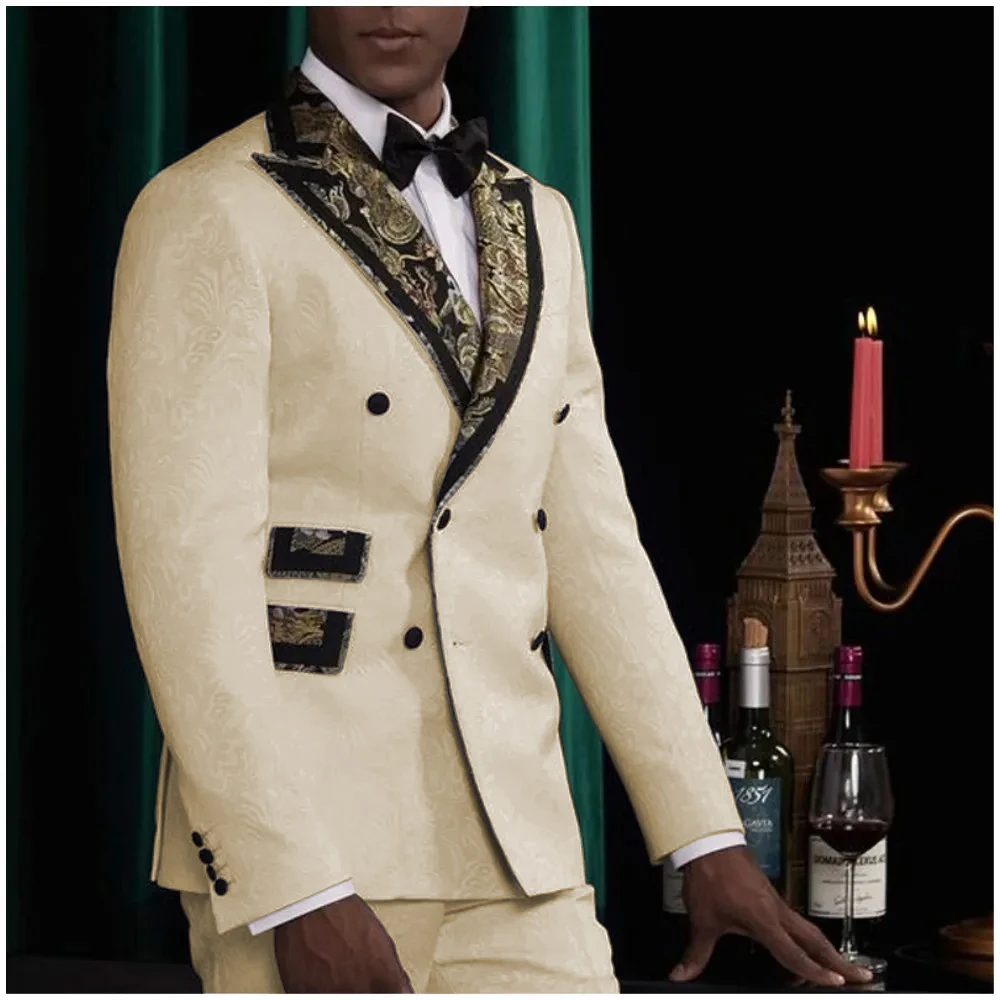 

Champagne Floral Tuxedo Fashion 2 Pieces Blazer Pants Men Suits Double Breasted Peaked Lapel Formal Party Wedding Groom Tuxedo
