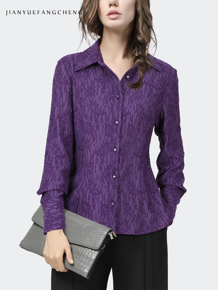 Womens Long Sleeve Turn-down Collar Paisley Purple Lace Shirt 2024 Spring New Elegant Slim Tops Ladies Work Casual Blouses 4XL