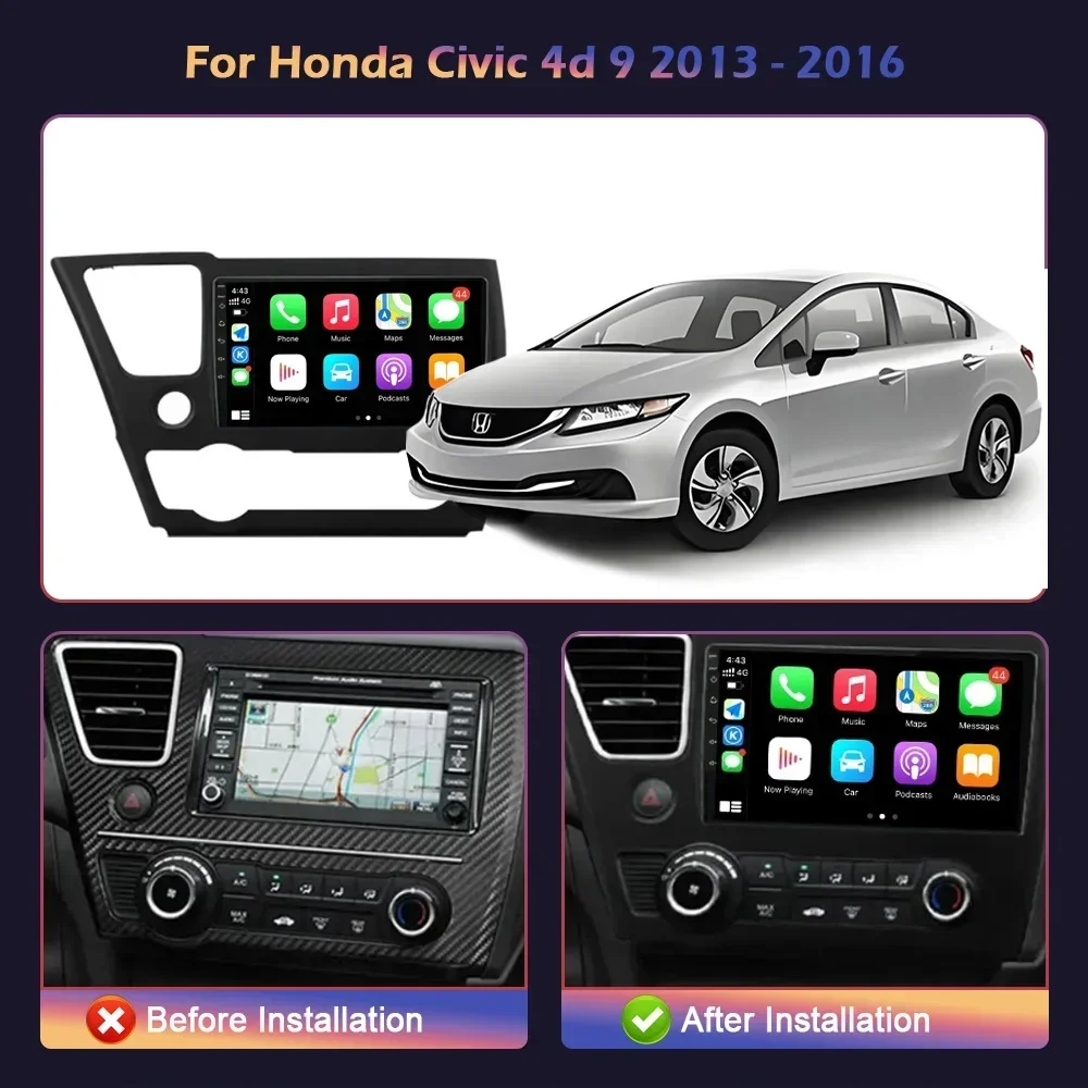 Android 14 For Honda Civic 4d 9 2013-2016 Car Radio Central Multimedia Navigation Wireless Carplay Stereo Screen Head Unit GPS