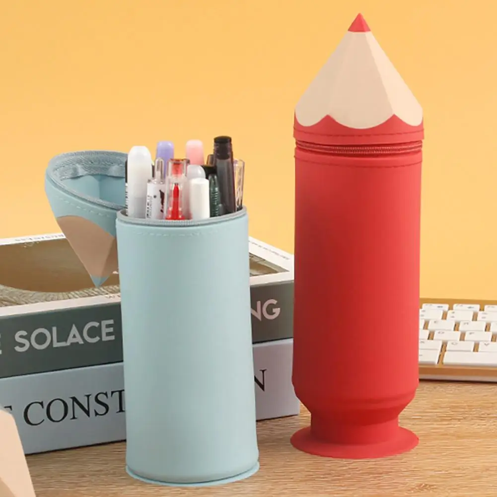 Pen Shaped Pencil Case Practical Suction Cup Pen Holder Silicone Stationery Storage Case Students Pencil Pouch For Office School