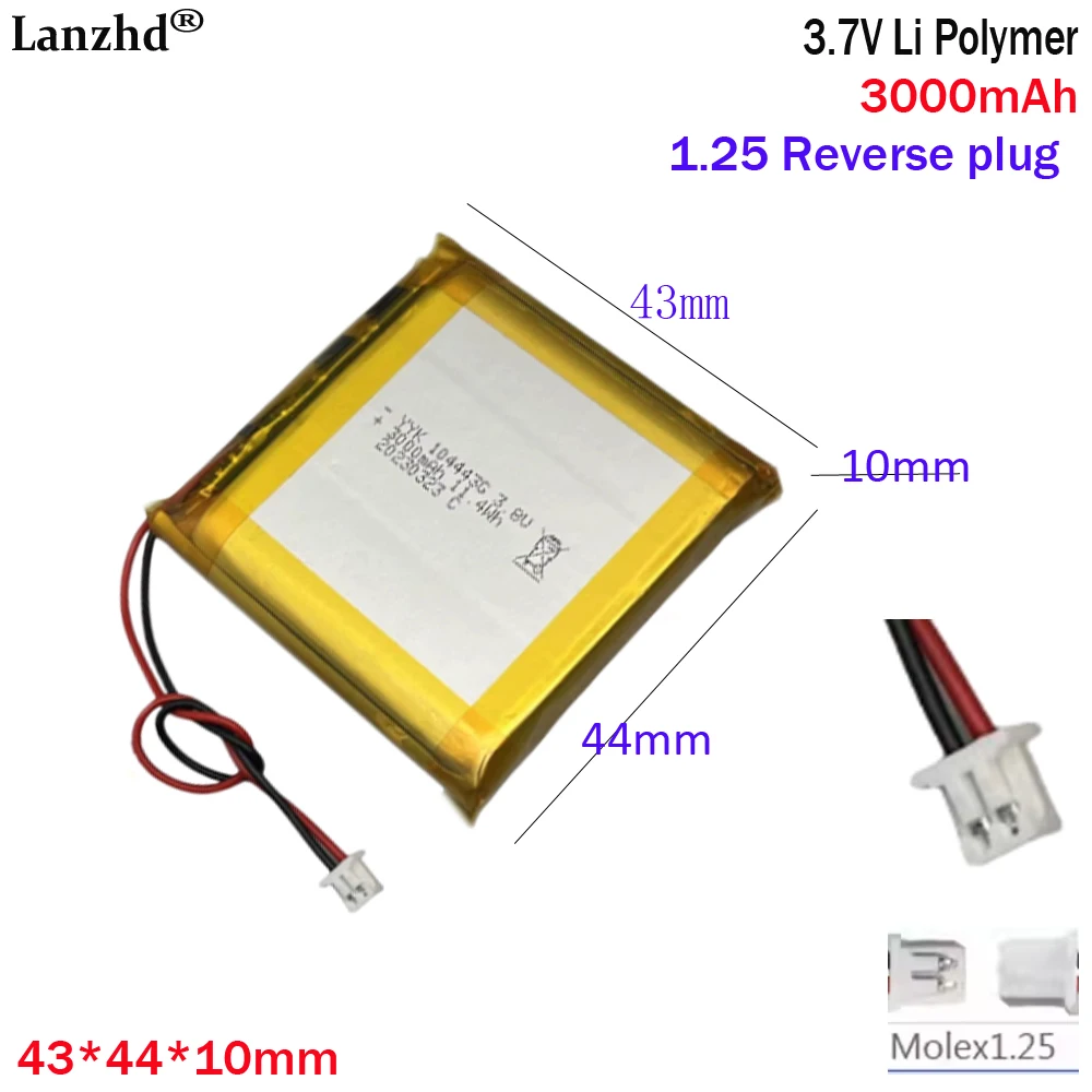 3.7V Lipo Battery 3000mAh Pure cobalt cell with Molex 1.25 For Intelligent lock GPS Power Bank E-Book PAD Tablet 104443