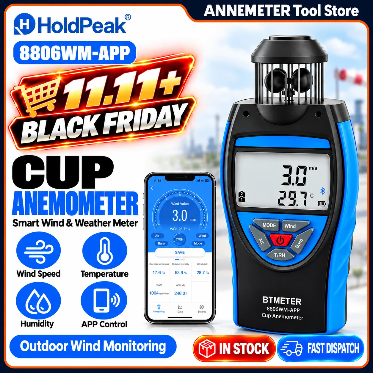 Anemometer Digital Wind Speed - 디지털 컵형 풍속계, 블루투스 앱 연동,