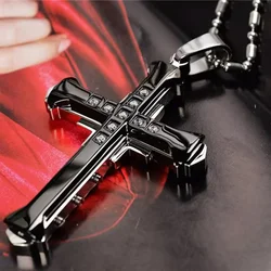 2024 New Male Crystal Cross Jesus Pendant Gold/Black/Blue Color Zirconia Necklace Stainless Steel Jewelry