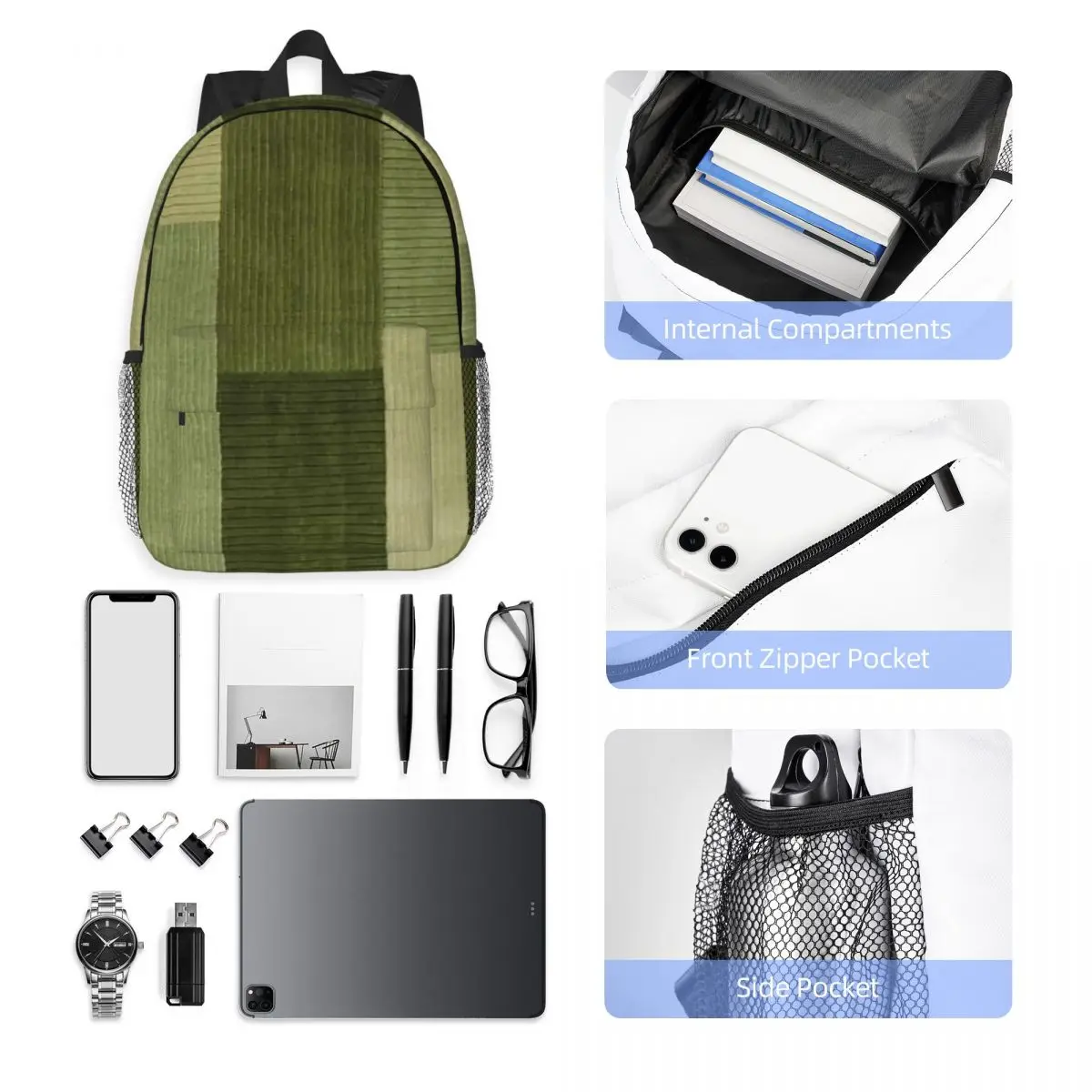 Cord-Rucksack in Salbeigrün mit Muster, Bestseller Tagesrucksack mit Großer Kapazität für Jungen und Mädchen, Schultertasche für Männer und Frauen, Schultasche