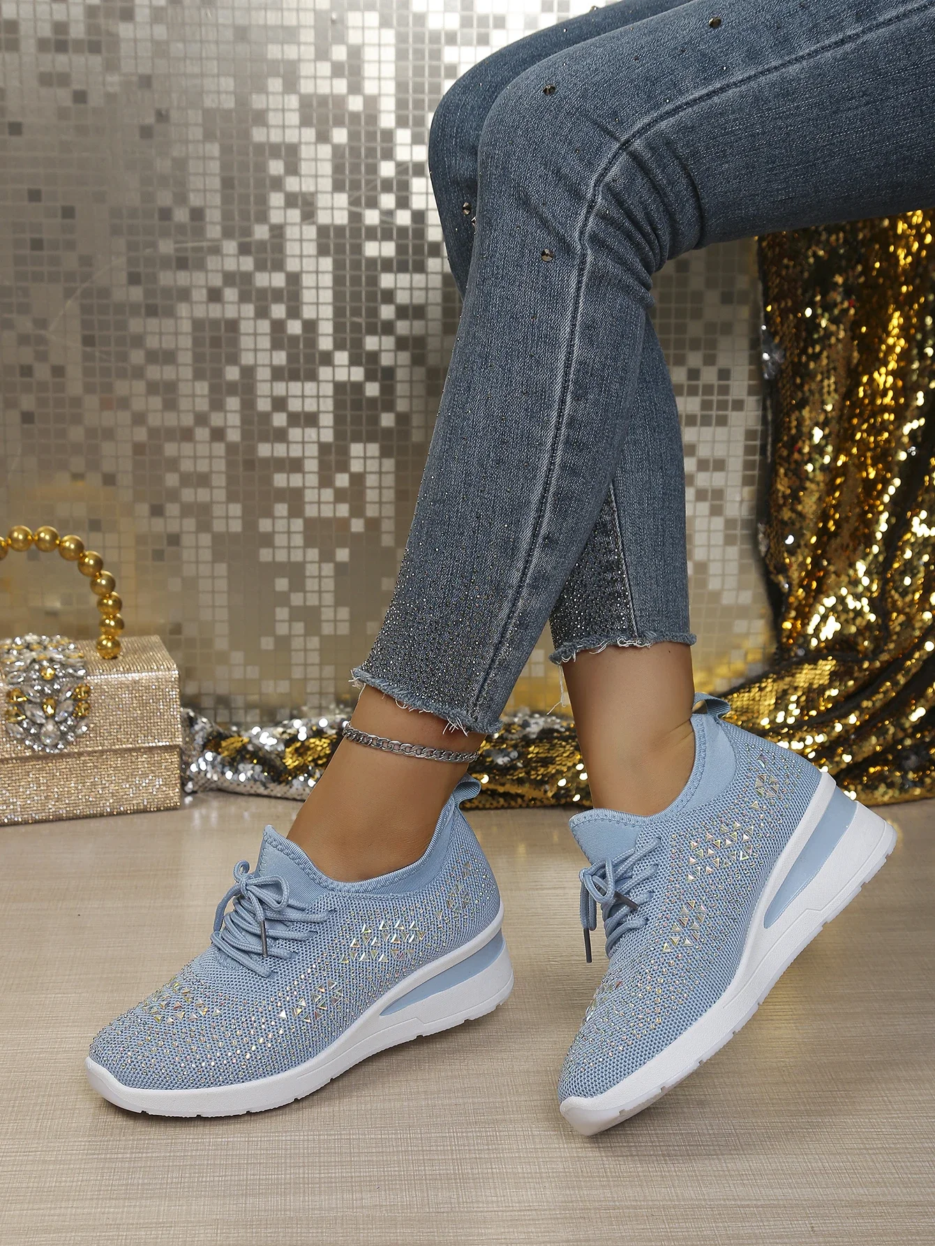 Damen Casual Walking Sneakers Atmungsaktives Mesh Geometrische Strass Versteckte Höhe Keilabsatz Plateau-Schuhe Kostenloser Versand Schuhe – Detail 7