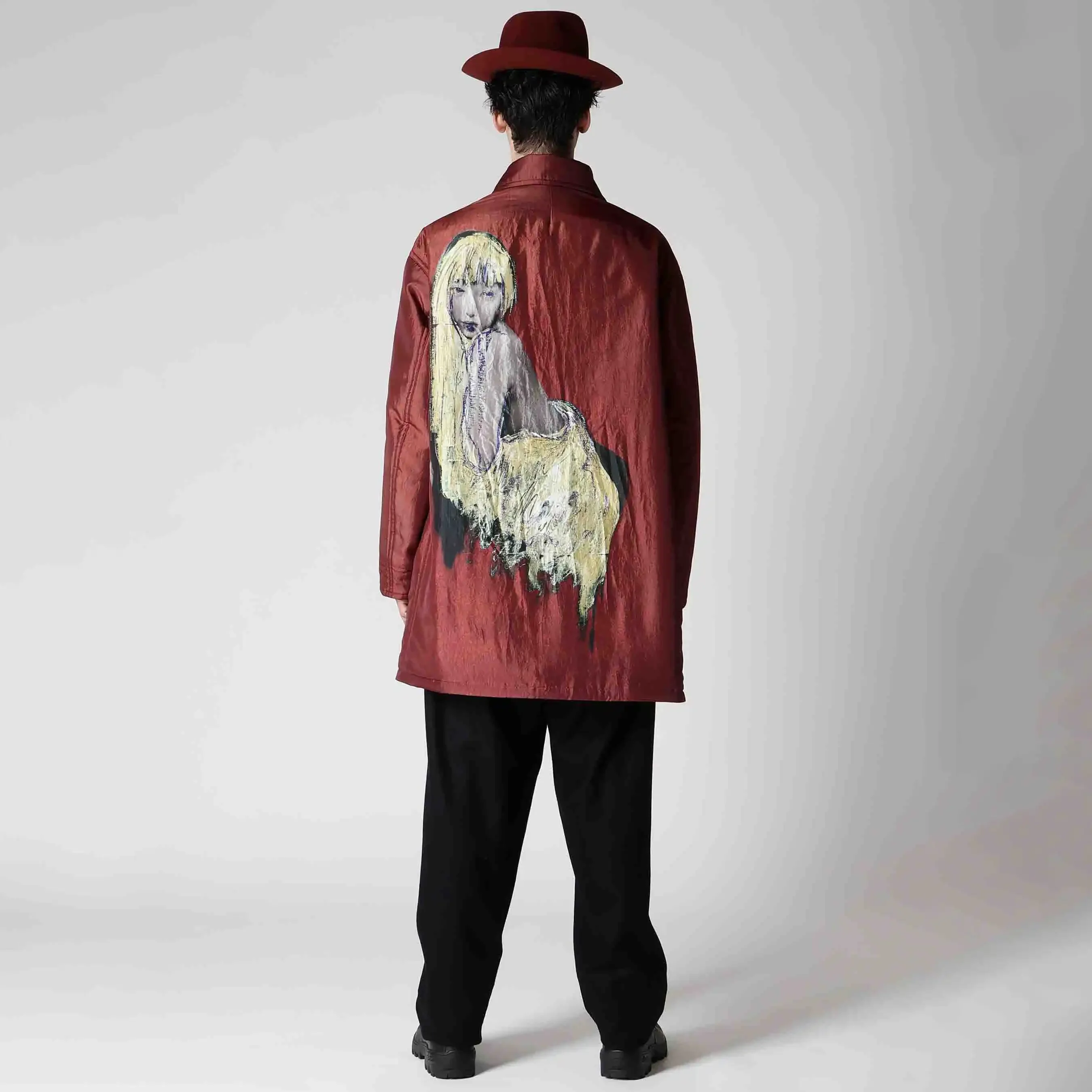 

YOJI OOAK original Japanese polyester lapel design with printed back, women's double-sided medium length jacket, men's