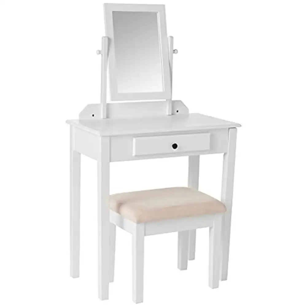 

Elegant Vanity Table Set with Storage Drawer White Finish Solid Wood Construction Mirror and Bench Included Frenchi Home