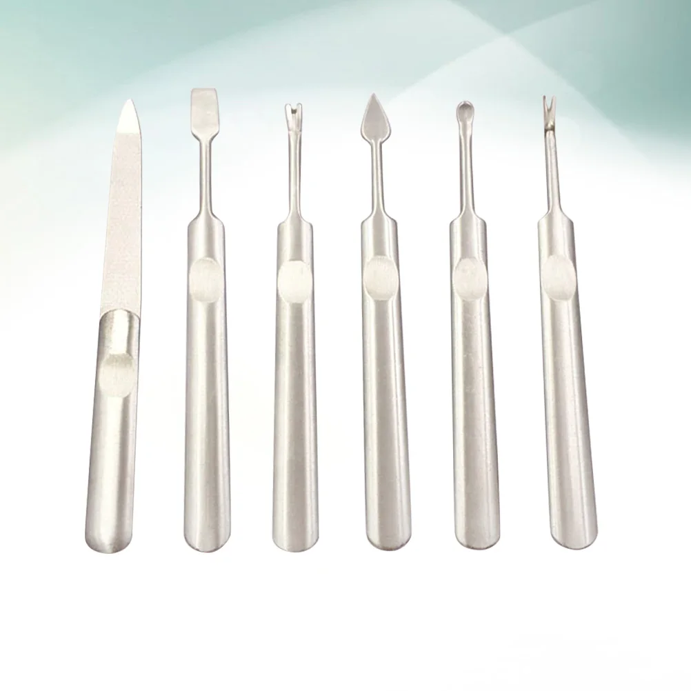 1 conjunto de ferramentas para arte em unhas, aço inoxidável, lixa, empurrar pele morta, garfo, cabo longo, profissional, aparador de cutícula, removedor prático