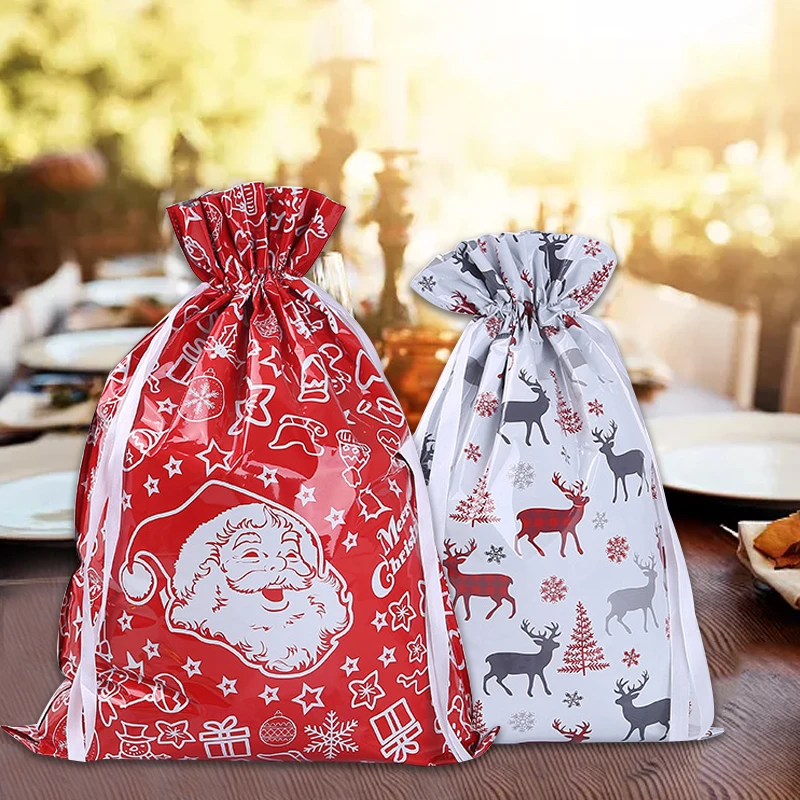 5Pcs Christmas Gift Bags Christmas Gift Drawstring Wrapping Bags Candy Chocolate Biscuit Bags Xmas Party Wedding Decorative