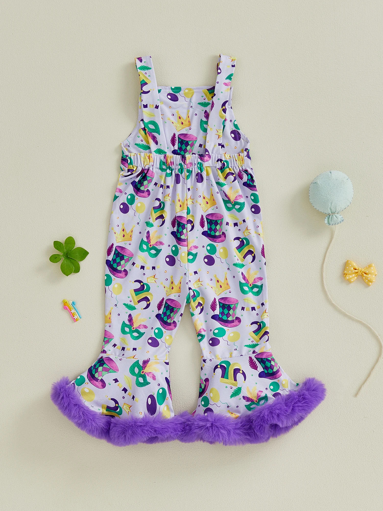 

Праздничный комбинезон с цветочным принтом и расклешенными брюками с отделкой из искусственного меха для стильных повседневных нарядов для маленьких девочек