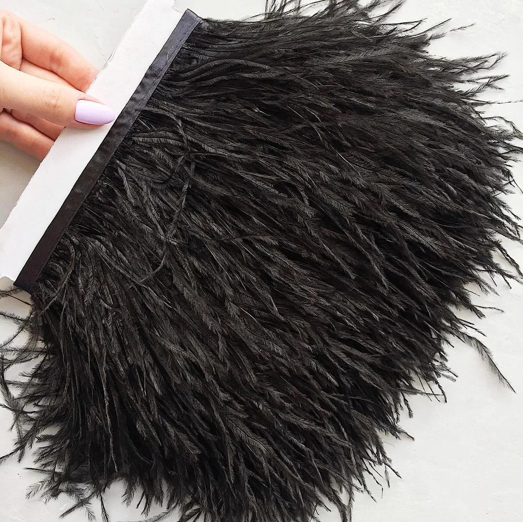 1Meter Black Ostrich Feather Fringe Trim for Sewing Fluffy White Feathers Trimmings Party Clothes Dress Decor Plumage Fabric