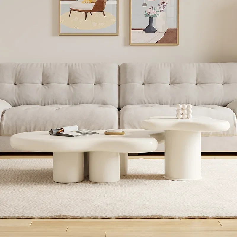 Modern creative home coffee table set cream white wavy fiberglass center table design for living room