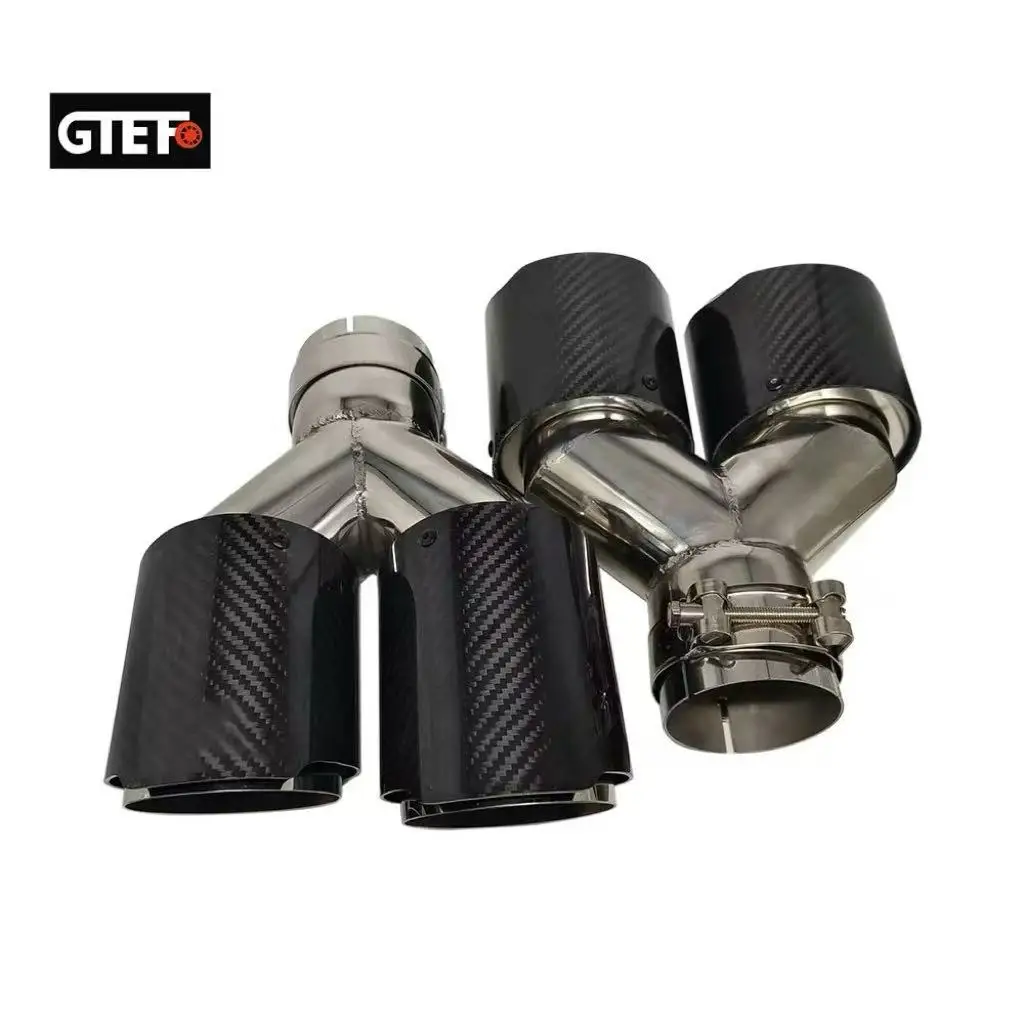 GTEFO 2 Pieces Remus Glossy Double Y Shaped Car Exhaust Outlet 89mm Nozzle for Muffler Carbon Fiber Stainless Steel Exhaust
