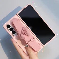 For Samsung Galaxy Z Fold 7 6 5 4 3 2 5G Phone Case Fashion Cute Bow Wrist Band Bracket Pink Matte Cover