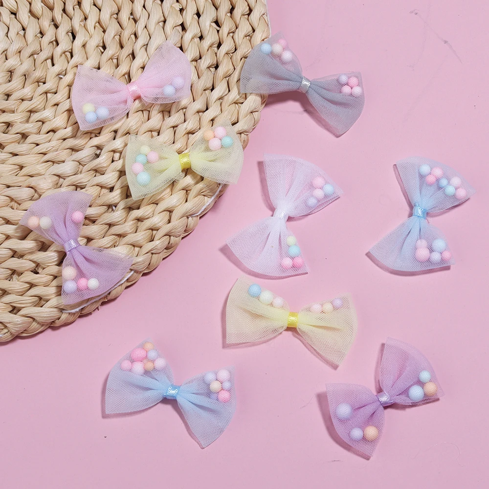10Pcs/Lot 3x4cm Candy Color Gauze Ribbon Bows Handmade Bow With Foam Ball For DIY Crafts Ornament Accessories Garment Decoration