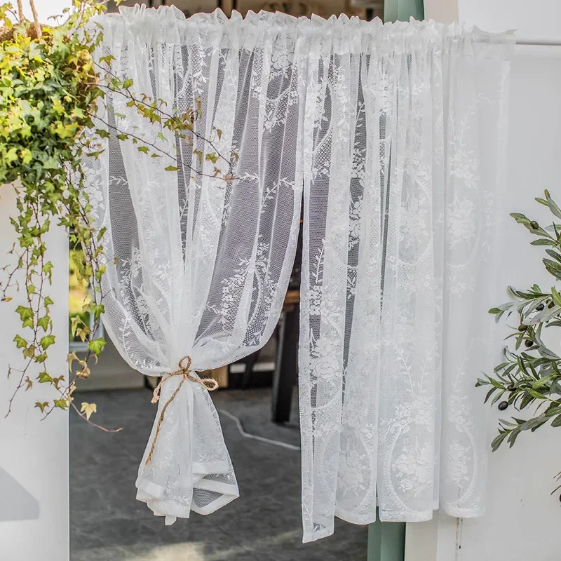 White Lace Tulle Curtains For Home Small Window Farmhouse Rustic Vintage Florals Kitchen Garden Door Cabinet Short Sheer Panel