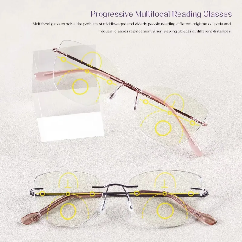 Ultra-light Frameless Progressive Multifocal Reading Glasses with Anti-blue Light Function High-definition Lenses +1.0 To +4.0