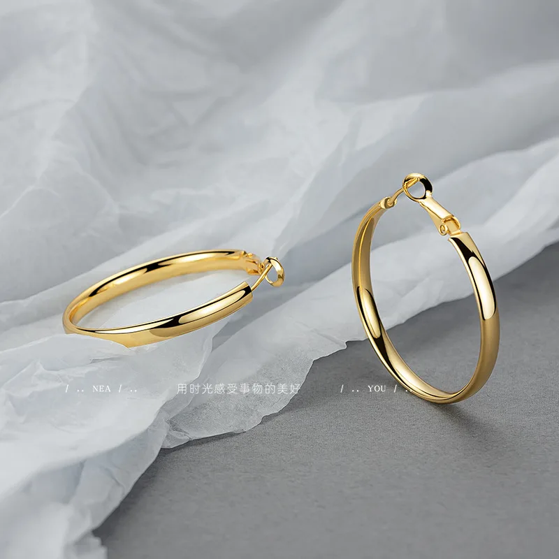 

9999 French Lazy Ins Style Plain Circle Smooth Earrings 24K Real Gold Premium Circle Earrings for Women