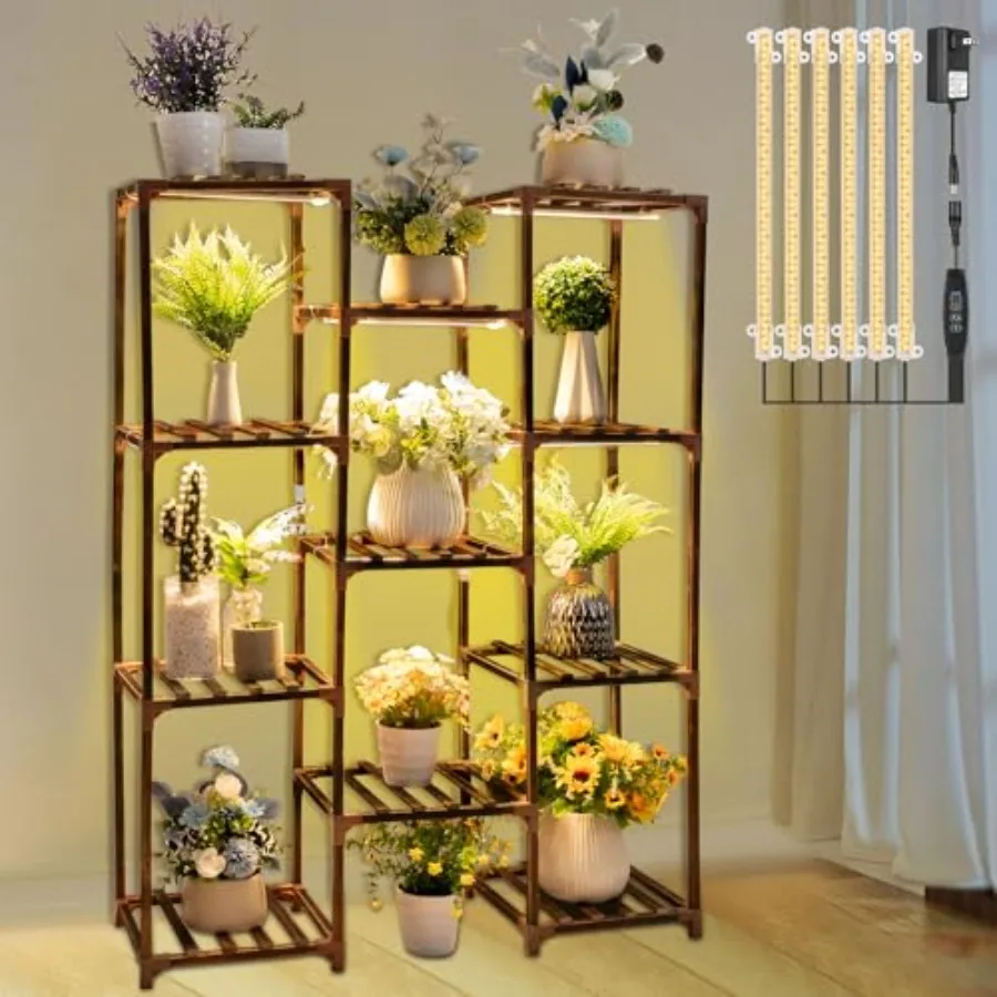 

Plant Stand with Grow Lights, Wood Plant Shelf with Full Spectrum Grow Lamp for Indoor Corner, Vintage Multi Layer Lighted Stan