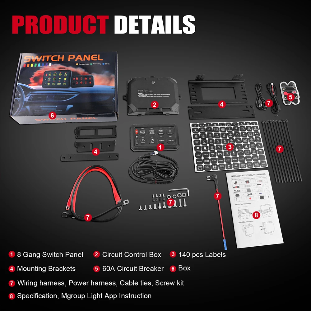12V 8 Gang RGB APP Painel de interruptor de controle IP65 Controle de toque à prova d'água 3 modos para caminhão/off-road/barco/carro/RV