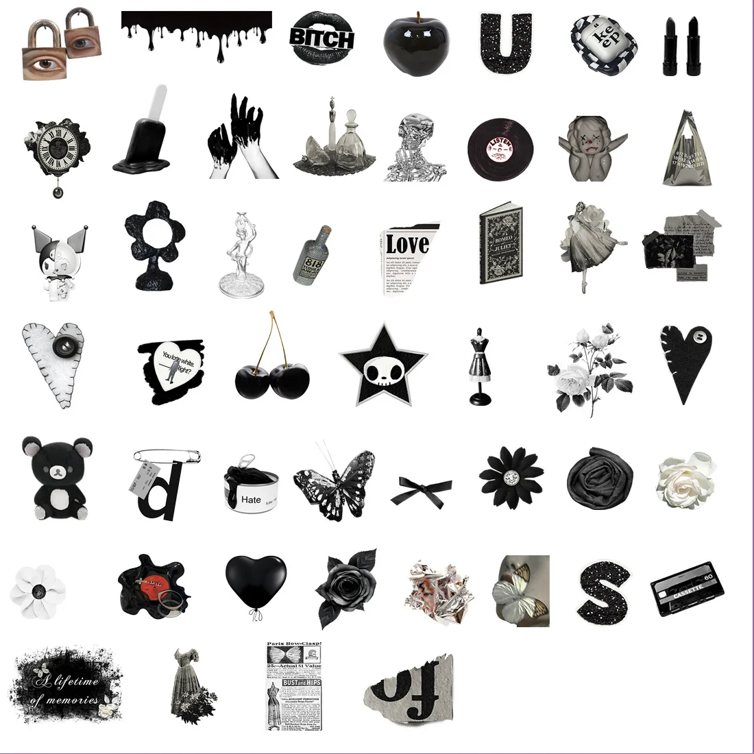 50 buah hitam dan putih pusat kota anak perempuan estetika Y2K stiker DIY buku tempel telepon bagasi Skateboard stiker tahan air