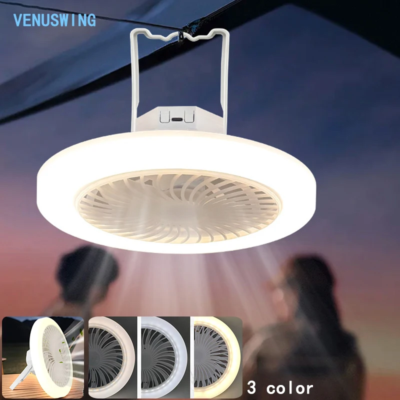 3 Colors Fan Light Portable Ceiling Fan Light USB Charging Desktop Standing Hooked Fan Portable Tent Fan for Outdoor Camping