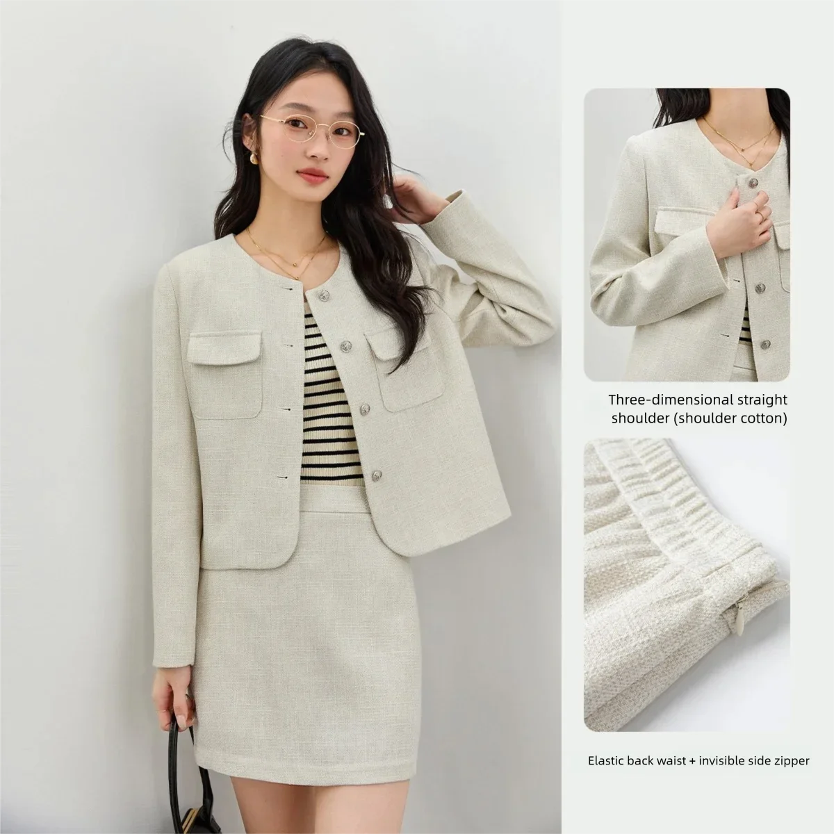 VIMLY Women's Two-piece Set French Style Commuter Jacket 2026 Fashion Casual Coat Short A-line Skirt Female Elegant Set A0177