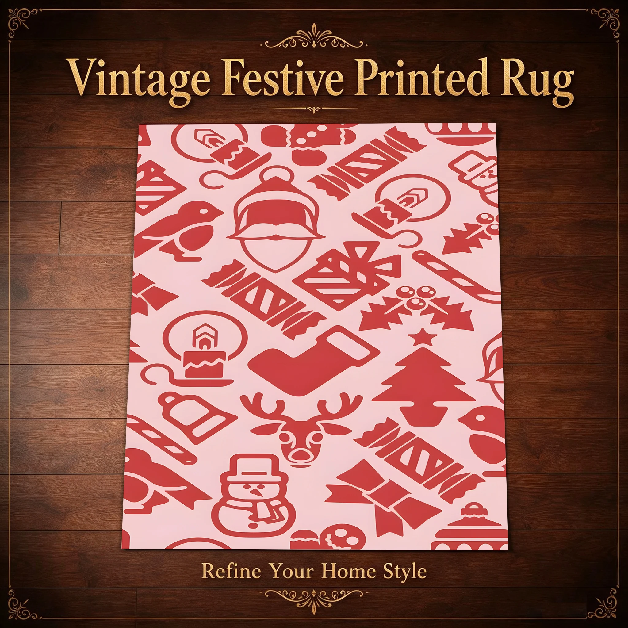 Velvet Rug All over Reindeer Christmas Tree Bell Pink Red Festive Style for Entryway Bedroom Living Room Home Decor