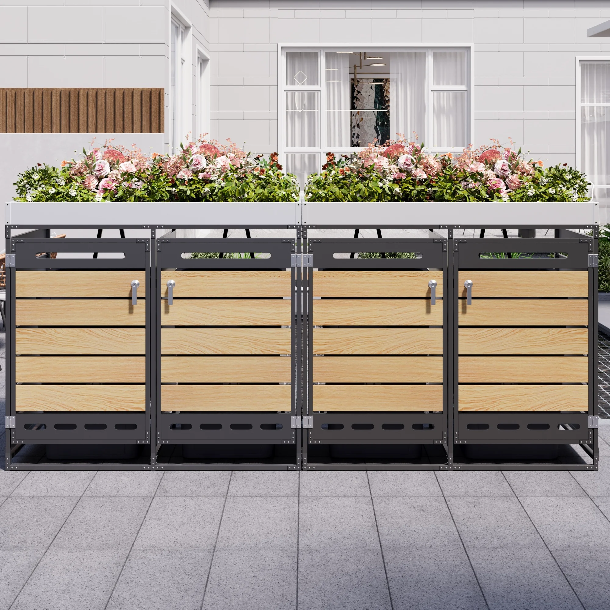 Ventilador de mano de hierro 4 en 1 y Contenedor de basura para jardín/terraza resistente a la intemperie con clasificación fácil, negro