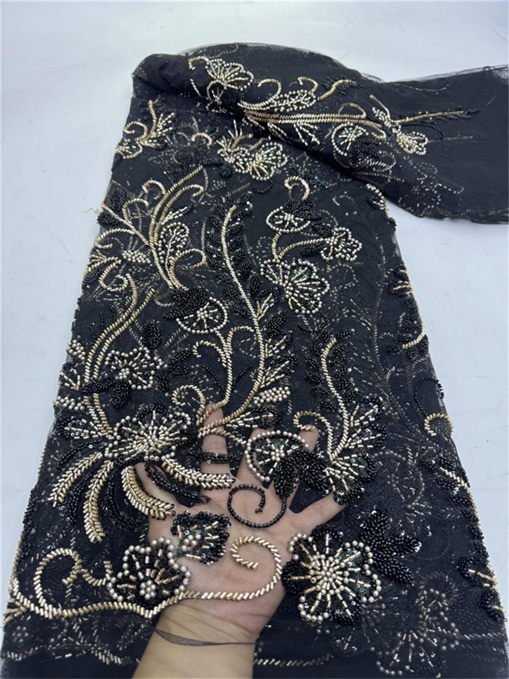 Nigerian Tulle with Sequins Embroidery, Lace Fabric, Beads, Stone Prom Dresses, Sewing, High Quality, 2024, jy347,5Yards
