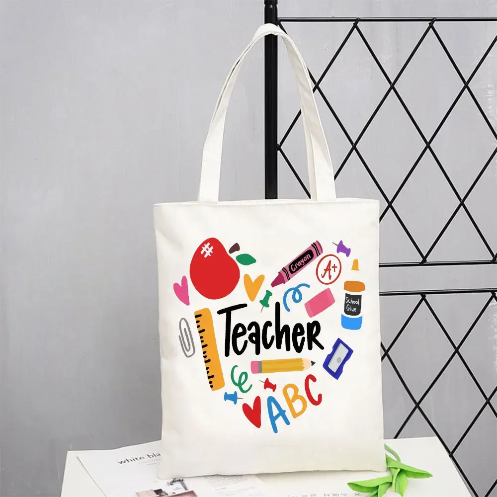 Text Print Teacher Gift Love Inspire Women Shopper Reusable Shopping Bag Canvas Shoulder Bag Handbag Storage Lunch Tote Bag