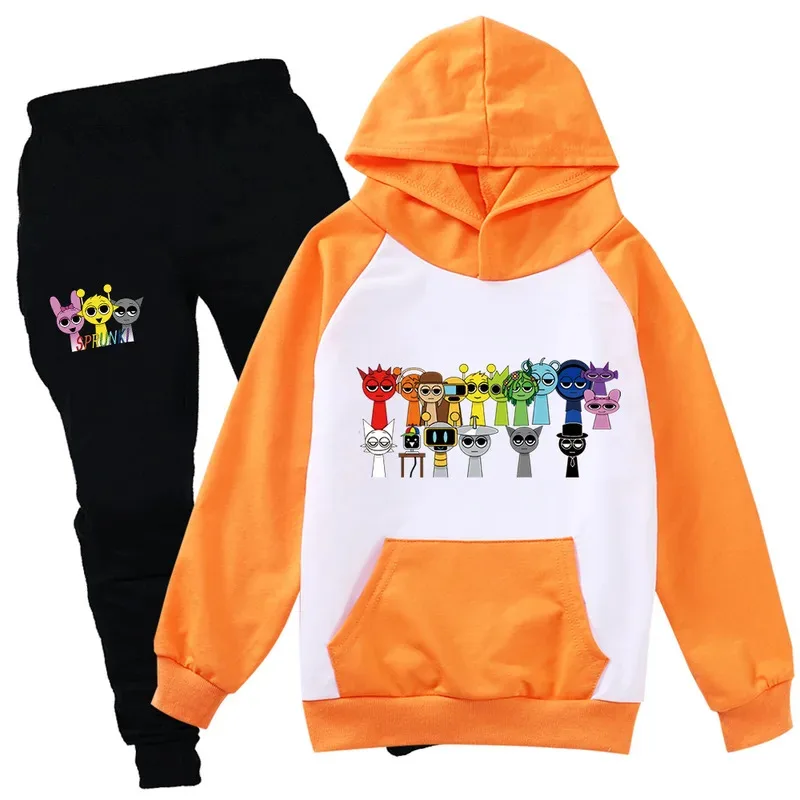 Sprunki conjuntos de roupas estampadas crianças terno de aniversário do bebê meninos meninas fatos de treino crianças marca ternos esportivos hoodies top + calças 2 peças conjunto
