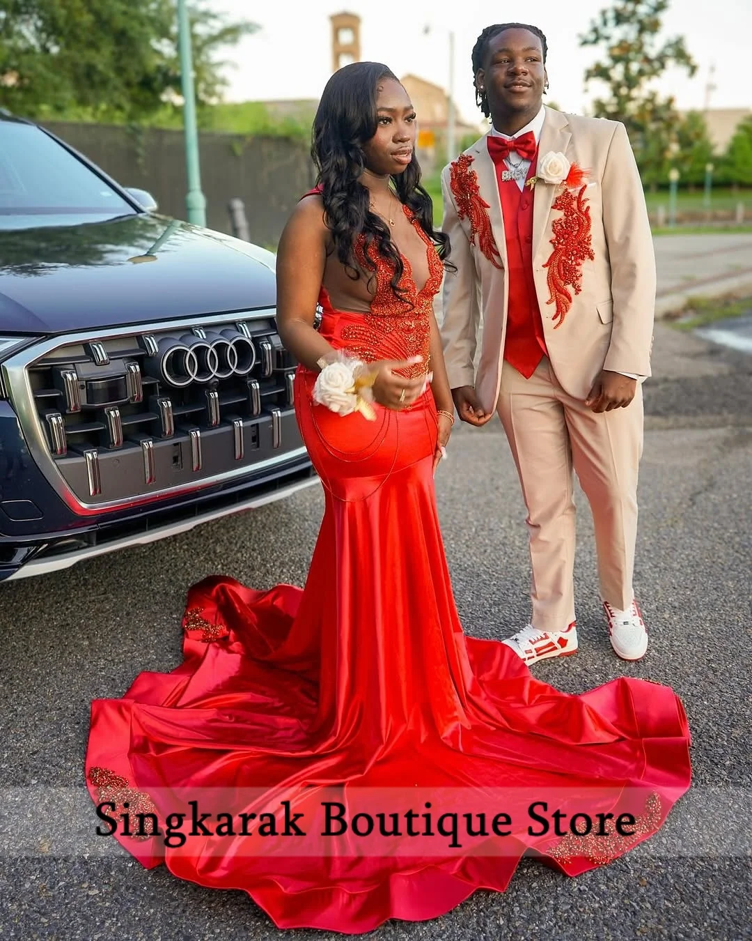 

Red Crystal Beaded Prom Dresses 2026 With Wrap Cape Black Girls Wedding Birthday Party Gowns vestido Customized