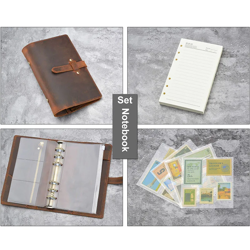 A5 A6 Ring Binder Cowhide Leather Notebook Set 6-hole Loose Leaf Journal Notebook Cover Cowhide Diary Planner and Journals Case