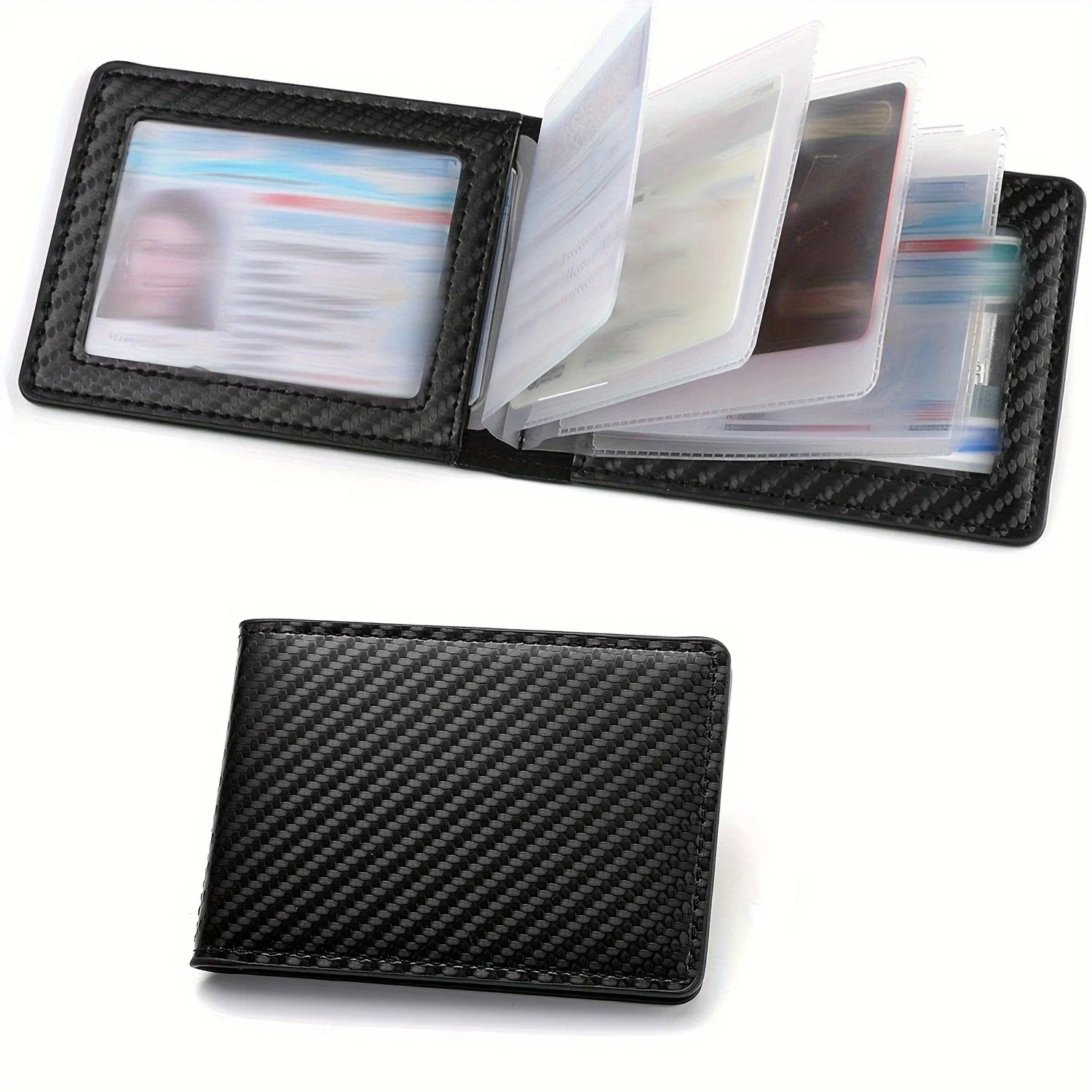 Carbon Fiber Black Men's Slim Card Holder Case for Driver's License and ID Cards Male PU Leather Wallet image 2