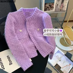 Purple Stylish Elegant Sweater Cardigan Women Beading Long Sleeve O-neck Knitwear Tops Fashion Chic Workwear Ladies Jumpers 2023